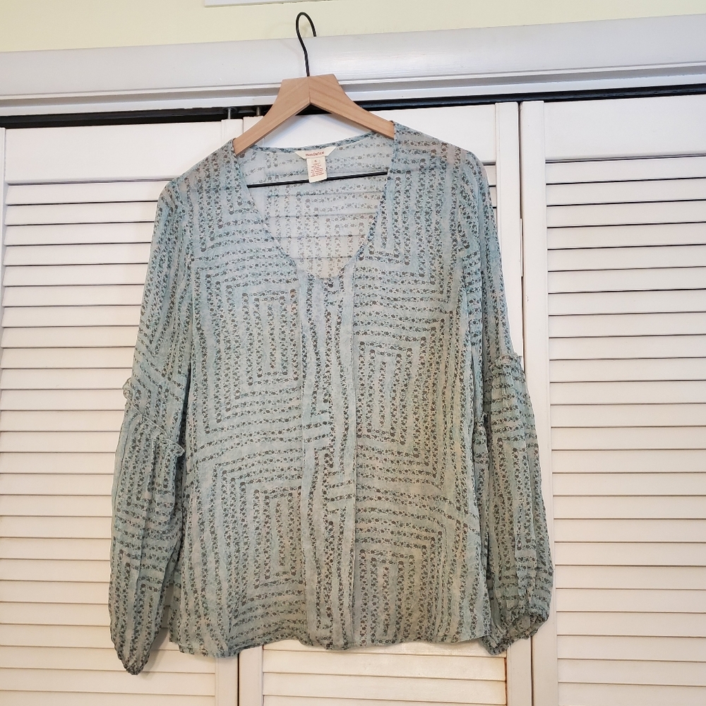 Sundance Silk Sheer Blue Patterned Long Sleeved Top Blouse, Size Small